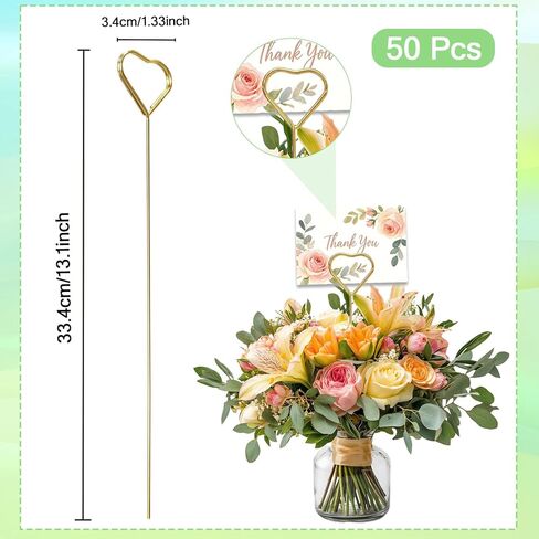 50 Pcs Floral Picks 13.1 Inch Metal Flower Picks Double-Loop Coil Heart Shape Flower Card Holder Stick for Wedding Birthday Party Flower Gifts Note Photo DIY Holder Cake Topper（Gold） in Saudi Arabia