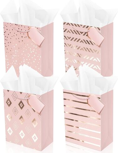 Lyforpyton 9 Inch 4Pcs Pink Medium Gift Bag with Tissue Paper, Suitable for Birthday Parties, Weddings, Baby Shower, Mothers Day and Other Occasion in Saudi Arabia