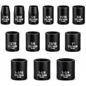 Steel Vision Tools 13-Piece 1/2-Inch Drive SAE Impact Socket Set | Chrome-Moly Steel | Deep Impact Sockets | Easy-to-Read Markings | Heavy-Duty Performance | Storage Case Included in Kuwait