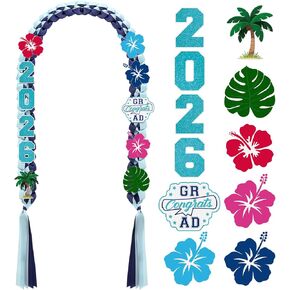 Craftsatin Cartoon Hawaii Ribbon Lei for Graduation 2026 67'' Blue Graduation Lei Double Braided Strands with Hibiscus and Palm Leaves for Class of 2026 Tropical Luau Grad Party Favors Graduate Gifts in Saudi Arabia