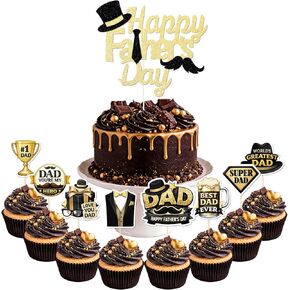 Father's Day Cake Decorations, Happy Father's Day Cupcake Toppers with Black Gold Dad Themed Decorations for Men Birthday Fathers Day Party Supplies Set– 21 Pcs(1PCS Cake + 20 Cupcake Topper) in Saudi Arabia