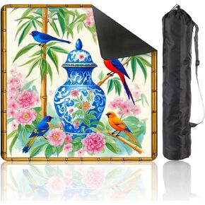 Chinoiserie Mahjong Mat for Table with Carrying Bag 31.5" x 31.5" Blue Red Birds Floral Vase Bamboo Botanical Art Style Non-Slip Noise-Reducing Game Mat Mahjong Accessories for Poker Board Games in Saudi Arabia