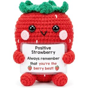 Positive Strawberry Crochet Gifts for Women, Handmade Cute Crochet Strawberry Plush with Card, Emotional Support Fruit Present for Men Friends Coworkers Cheer Up Birthday Christmas Decor in Kuwait
