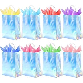 BLEWINDZ 32Pcs Iridescent Holographic Silver Gift Bags with 8-Color Tissue Paper, 8.7" Small Party Favor Bags with Handles for Birthday Baby Shower Wedding in Saudi Arabia