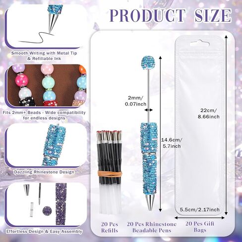 60 Pcs Full Rhinestone Beadable Pens Bulk Set, 20 Diamond Pens with Refills & Bags Glitter Beaded Pen Kit for DIY Pen Cute Journalling Bling Ballpoint Craft Making in Kuwait
