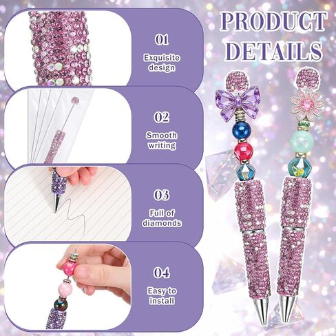 60 Pcs Full Rhinestone Beadable Pens Bulk Set, 20 Diamond Pens with Refills & Bags Glitter Beaded Pen Kit for DIY Pen Cute Journalling Bling Ballpoint Craft Making in Kuwait