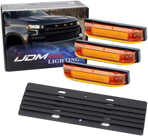 iJDMTOY 3pc Super Bright Amber Full LED Center Grille Running/Position Lights w/Mounting Brackets, Compatible With 2019/2020-up Chevrolet Silverado 1500 2500HD 3500HD (Amber Lens) in Kuwait