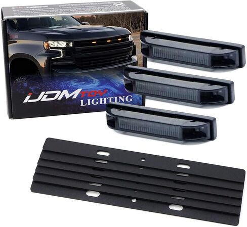 iJDMTOY 3pc Super Bright Amber Full LED Center Grille Running/Position Lights w/Mounting Brackets, Compatible With 2019/2020-up Chevrolet Silverado 1500 2500HD 3500HD (Amber Lens) in Kuwait