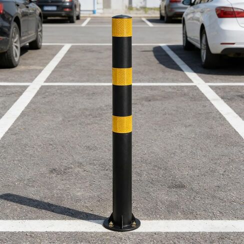 32" Safety Bollard Post, Black Steel Parking Post with Reflective Tape, 2" Diameter Heavy Duty Barrier Post with 3 Anchor Bolts for Driveways, Parking Lots, Sidewalks & Traffic Control in Saudi Arabia