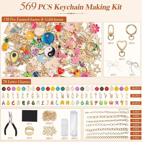 569Pcs Charms Lip Gloss Keychain Making Kit, Bracelet Making Kit, DIY Bag Charm Kit with Key Chain Hooks, Jump Rings, Lobster Clasps, Charms, Chains & Tools, Jewelry Pliers, Jewelry Craft Kit Supplies in Saudi Arabia