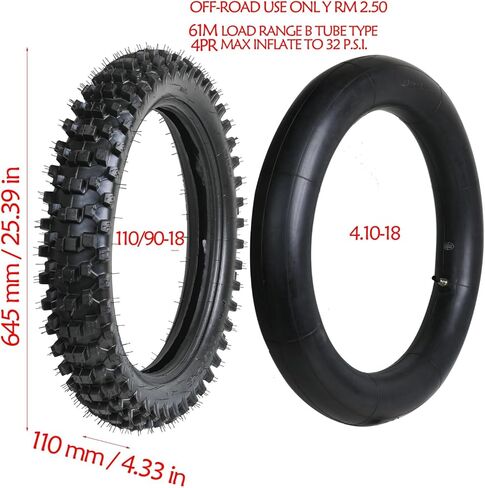 18" Off-Road Rear Tire with Inner Tube 110/90-18 3.50-18 Replacement for Dirt Bike Pit Bike Motocross – Compatible with YZ125 CRF250 CRF230 CRF450 TTR230 KLX65 XR650 Apollo Taotao in Kuwait