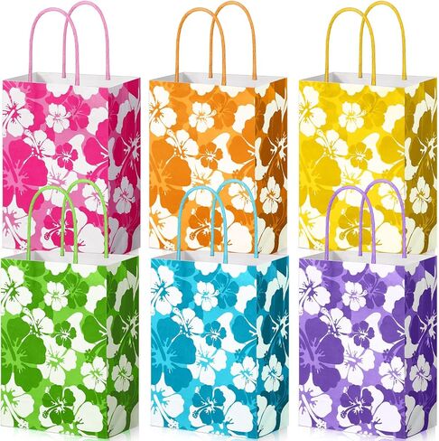 Teling 24 Pcs Hibiscus Party Favor Hawaiian Themed Paper Bags with Handles Summer Tropical Gift Tiki Luau Treat Hawaii Goodie Bags Kids Birthday Party Supplies Multicolor 8.3 x 6 x 3 in Kuwait