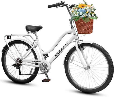 26 Inch Beach Cruiser Bike for Mens Womens Adult, Womens Bicycle with Rattan Front Basket, Mens Bybrid Bicycle, 7-Speed Comfort Commuter Bikes with Adjustable Seat and Dual V-Brake in Saudi Arabia