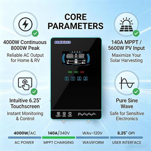 4000W 24V Hybrid Solar Inverter: Pure Sine Wave 8000W Peak 140A MPPT (5600W PV) Controller - Battery or Battery-Less Mode Ultra-Safe Home Backup & Emergency Power for Essential Circuits in Saudi Arabia