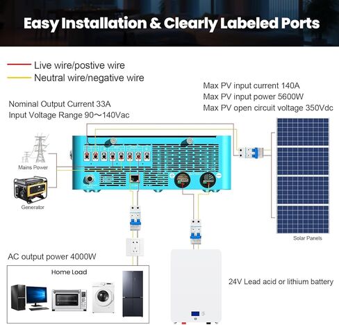 4000W 24V Hybrid Solar Inverter: Pure Sine Wave 8000W Peak 140A MPPT (5600W PV) Controller - Battery or Battery-Less Mode Ultra-Safe Home Backup & Emergency Power for Essential Circuits in Saudi Arabia