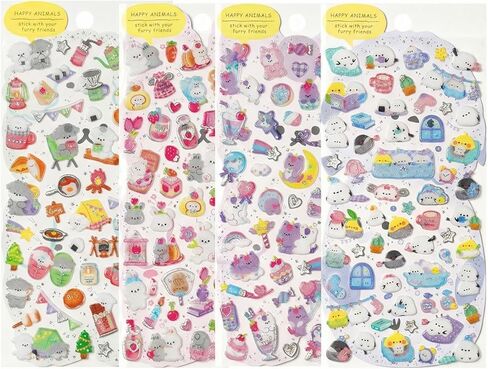 SHANGRLA Cute Kawaii Animal Sticker Sheets for Journaling, Small 3D Korean Pet Life Stickers for Scrapbooking, Planner, Stationery, Kpop Deco, Sparkly Raised Stickers for Girls, Adults - 4 Pack in Saudi Arabia