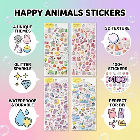 SHANGRLA Cute Kawaii Animal Sticker Sheets for Journaling, Small 3D Korean Pet Life Stickers for Scrapbooking, Planner, Stationery, Kpop Deco, Sparkly Raised Stickers for Girls, Adults - 4 Pack in Saudi Arabia