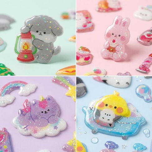 SHANGRLA Cute Kawaii Animal Sticker Sheets for Journaling, Small 3D Korean Pet Life Stickers for Scrapbooking, Planner, Stationery, Kpop Deco, Sparkly Raised Stickers for Girls, Adults - 4 Pack in Saudi Arabia