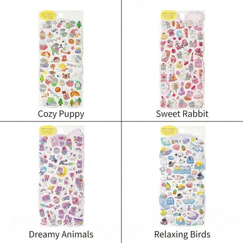 SHANGRLA Cute Kawaii Animal Sticker Sheets for Journaling, Small 3D Korean Pet Life Stickers for Scrapbooking, Planner, Stationery, Kpop Deco, Sparkly Raised Stickers for Girls, Adults - 4 Pack in Saudi Arabia