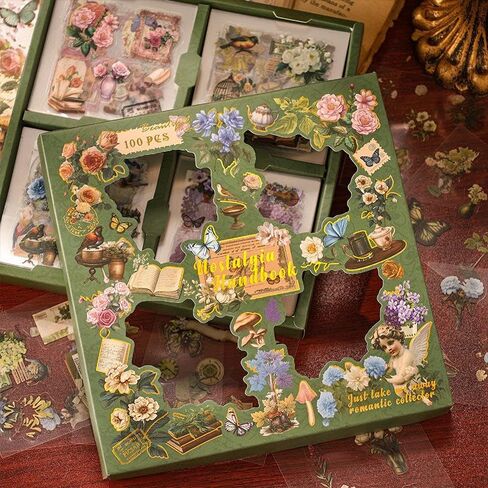Vintage Retro PET Stickers, 100 Pcs, Waterproof Transparent, Flowers Mushroom Notes Theme, for Laptop Decals and DIY Arts (Nostalgia Handbook) in Kuwait