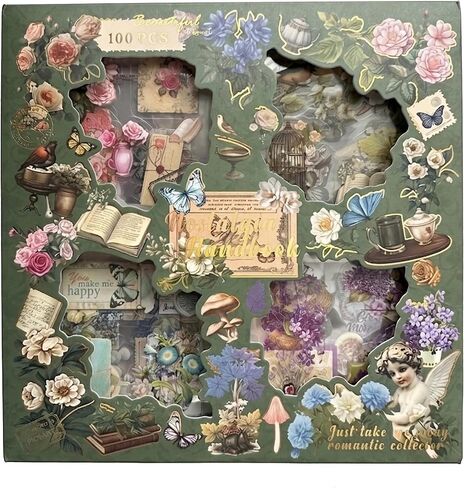 Vintage Retro PET Stickers, 100 Pcs, Waterproof Transparent, Flowers Mushroom Notes Theme, for Laptop Decals and DIY Arts (Nostalgia Handbook) in Kuwait