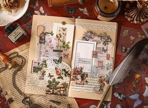 Vintage Retro PET Stickers, 100 Pcs, Waterproof Transparent, Flowers Mushroom Notes Theme, for Laptop Decals and DIY Arts (Nostalgia Handbook) in Kuwait