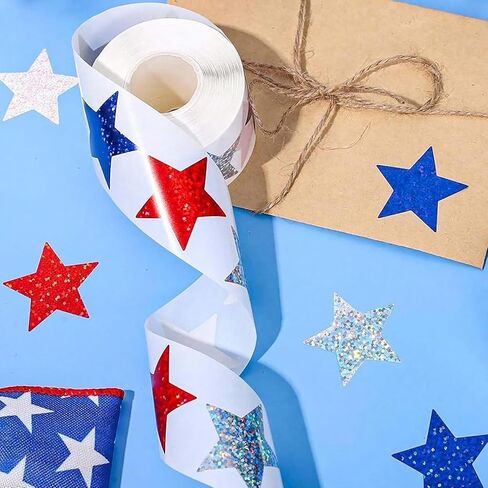 500Pcs 4th of July Sticker Holographic Stars Stickers Self Adhesive Red Blue Silver Stars Patriotic Star Shape Sticker for Reward Crafts Memorial Independence Day Decoration in Saudi Arabia