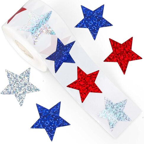 500Pcs 4th of July Sticker Holographic Stars Stickers Self Adhesive Red Blue Silver Stars Patriotic Star Shape Sticker for Reward Crafts Memorial Independence Day Decoration in Saudi Arabia