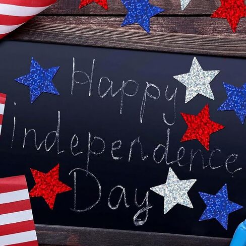 500Pcs 4th of July Sticker Holographic Stars Stickers Self Adhesive Red Blue Silver Stars Patriotic Star Shape Sticker for Reward Crafts Memorial Independence Day Decoration in Saudi Arabia