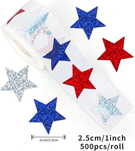500Pcs 4th of July Sticker Holographic Stars Stickers Self Adhesive Red Blue Silver Stars Patriotic Star Shape Sticker for Reward Crafts Memorial Independence Day Decoration in Saudi Arabia