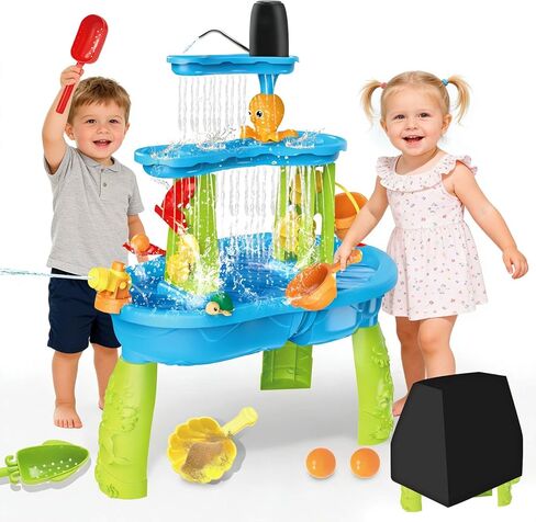 JONEG 3-Tier Water Table for Toddlers with Pump, Table Cover - Sand Activity Sensory Playset, Outdoor Outside Pool Backyard Summer Toys, Gifts for Age 1 2 3 4 5 8 Year Old Kids Boys Girls in Saudi Arabia