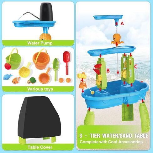 JONEG 3-Tier Water Table for Toddlers with Pump, Table Cover - Sand Activity Sensory Playset, Outdoor Outside Pool Backyard Summer Toys, Gifts for Age 1 2 3 4 5 8 Year Old Kids Boys Girls in Saudi Arabia