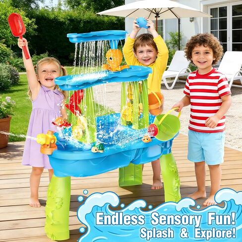 JONEG 3-Tier Water Table for Toddlers with Pump, Table Cover - Sand Activity Sensory Playset, Outdoor Outside Pool Backyard Summer Toys, Gifts for Age 1 2 3 4 5 8 Year Old Kids Boys Girls in Saudi Arabia