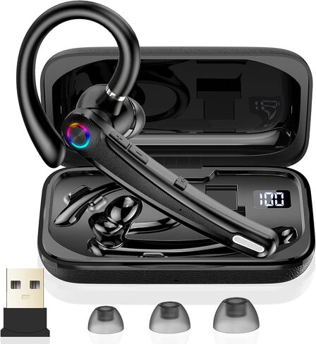 Bluetooth Headset, Wireless Bluetooth Earpiece with ENC Noise Canceling Mic, 120Hrs Talk Single-Ear Headphones, LED Display, IP7 Waterproof Hand-Free Earphone for Business/Trucker/Driver, Black in Kuwait