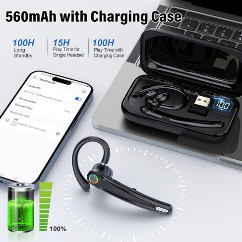 Bluetooth Headset, Wireless Bluetooth Earpiece with ENC Noise Canceling Mic, 120Hrs Talk Single-Ear Headphones, LED Display, IP7 Waterproof Hand-Free Earphone for Business/Trucker/Driver, Black in Kuwait