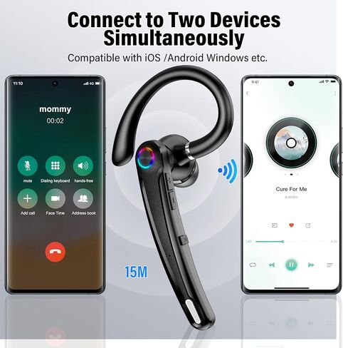 Bluetooth Headset, Wireless Bluetooth Earpiece with ENC Noise Canceling Mic, 120Hrs Talk Single-Ear Headphones, LED Display, IP7 Waterproof Hand-Free Earphone for Business/Trucker/Driver, Black in Kuwait