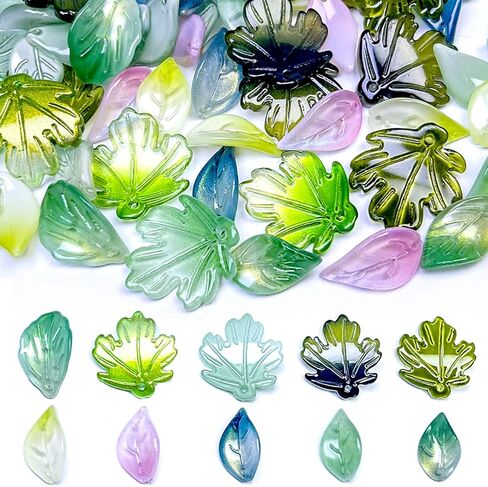 100pcs Glass Leaf Beads for Jewelry Making, Green Pink Leaf Crystal Beads for Beaded Plant DIY Crafts Earring Bracelet Necklaces Wind Chimes in Saudi Arabia