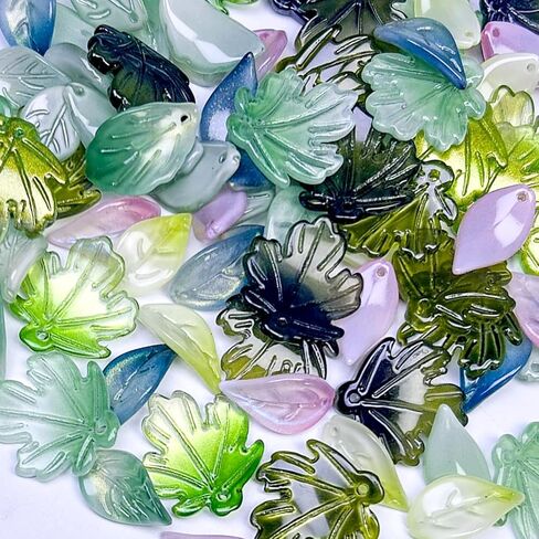 100pcs Glass Leaf Beads for Jewelry Making, Green Pink Leaf Crystal Beads for Beaded Plant DIY Crafts Earring Bracelet Necklaces Wind Chimes in Saudi Arabia