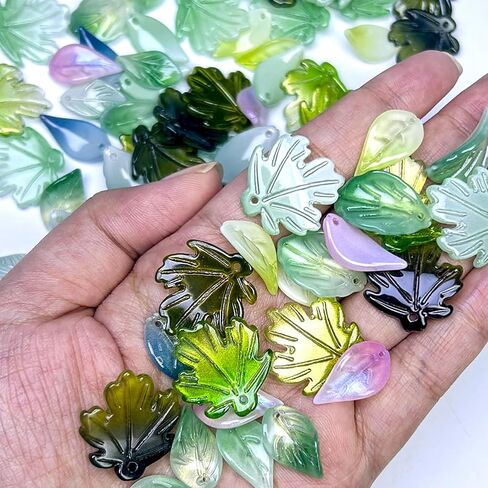 100pcs Glass Leaf Beads for Jewelry Making, Green Pink Leaf Crystal Beads for Beaded Plant DIY Crafts Earring Bracelet Necklaces Wind Chimes in Saudi Arabia