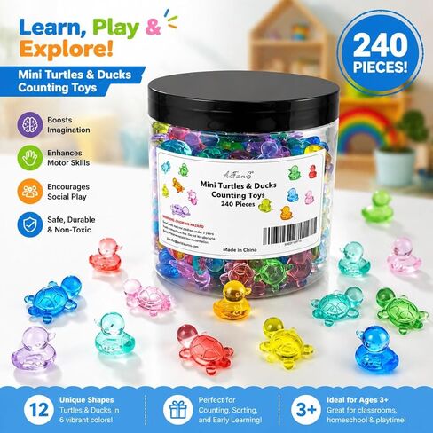 240PCS Translucent Counting Toys for Preschool, Turtle & Duck Sorting Manipulatives, Montessori Math Counters, Sensory Bin Fillers, Classroom Learning Toys for Toddlers with Storage Box in Saudi Arabia