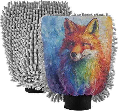 ALAZA Fox Rainbow Painting Car Wash Mitt Scratch Free, 2 Pack Absorbent Microfiber/Chenille Washing & Drying Mitts, L in Kuwait