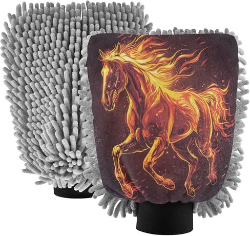 ALAZA Red Running Horse Flame Car Wash Mitt Scratch Free, 2 Pack Absorbent Microfiber/Chenille Washing & Drying Mitts, M in Kuwait