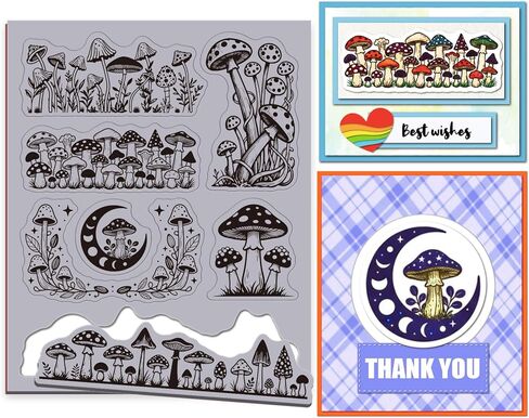 GLOBLELAND Vintage Mushroom Edge Cling Rubber Stamps 8.7x7 inch Magic Moons Phase EVA Cling Mount Stamp Mushroom Plants Border Rubber Stamps Set for Card Making Photo Album DIY Scrapbooking in Kuwait