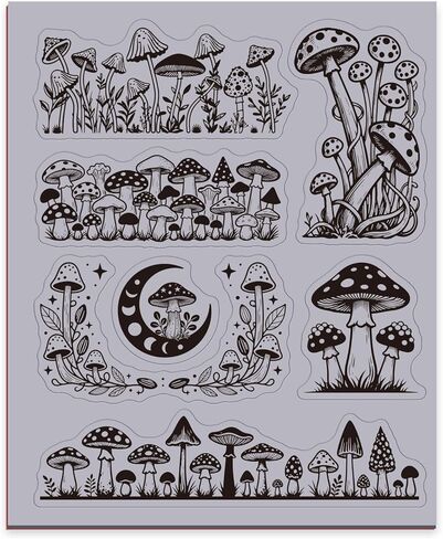 GLOBLELAND Vintage Mushroom Edge Cling Rubber Stamps 8.7x7 inch Magic Moons Phase EVA Cling Mount Stamp Mushroom Plants Border Rubber Stamps Set for Card Making Photo Album DIY Scrapbooking in Kuwait