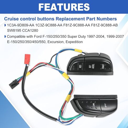 Steering Wheel Mounted Cruise Control Switch Buttons Kit 1C3A9D809AA Compatible with Ford F-150/250/350 Super Duty 1997-2004, 1999-2007 E-150/250/350/450/550, Excursion, Expedition in Kuwait