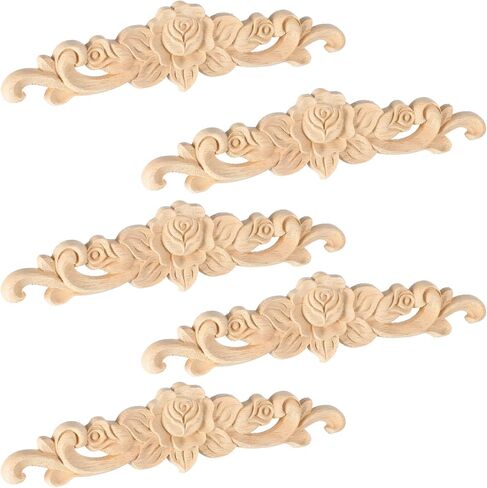 Amabro 5Pcs Wood Appliques Onlays Decorative Carved Furniture Applique for Cabinets Doors Wardrobe Unpainted DIY Wooden Rose Pattern Vintage Home Decor 7.87x1.97in in Saudi Arabia