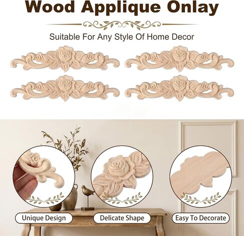 Amabro 5Pcs Wood Appliques Onlays Decorative Carved Furniture Applique for Cabinets Doors Wardrobe Unpainted DIY Wooden Rose Pattern Vintage Home Decor 7.87x1.97in in Saudi Arabia