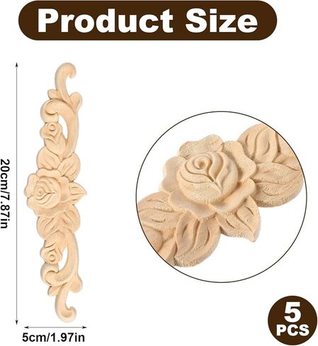 Amabro 5Pcs Wood Appliques Onlays Decorative Carved Furniture Applique for Cabinets Doors Wardrobe Unpainted DIY Wooden Rose Pattern Vintage Home Decor 7.87x1.97in in Saudi Arabia