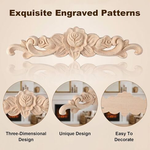 Amabro 5Pcs Wood Appliques Onlays Decorative Carved Furniture Applique for Cabinets Doors Wardrobe Unpainted DIY Wooden Rose Pattern Vintage Home Decor 7.87x1.97in in Saudi Arabia