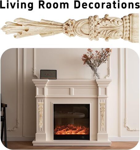 1Pc Long Wood Carved Appliques Onlays, Unpainted Decorative Wooden Flower Mouldings Trim for Window Door Frame Cabinet Mantel Fireplace Wall Mirror Home Furniture Decor, 29.5x5.9x1.8cm in Kuwait